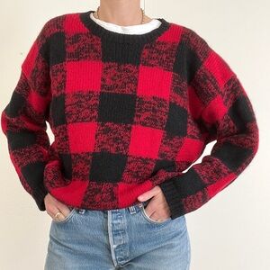 VINTAGE sweater / GAP red black buffalo check wool sweater / size L